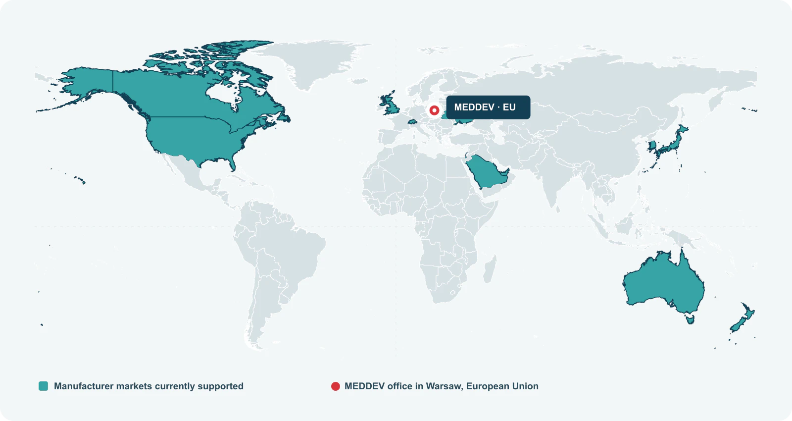 World map showing MEDDEV in Warsaw and supported manufacturer markets in North America, Europe, the Middle East, Asia and Oceania